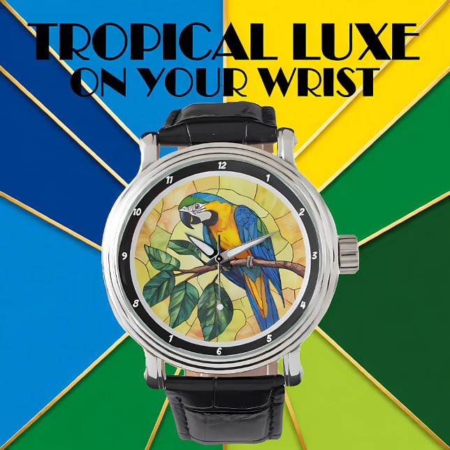 Vibrant Macaw Parrot and Tropical Leaves Design 腕時計 (クリエイターアップロード済み)