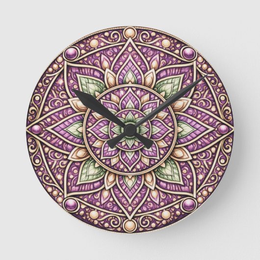 Vibrant Mandala Wall Clock – Colorful Geometric Ar ラウンド壁時計 (正面)