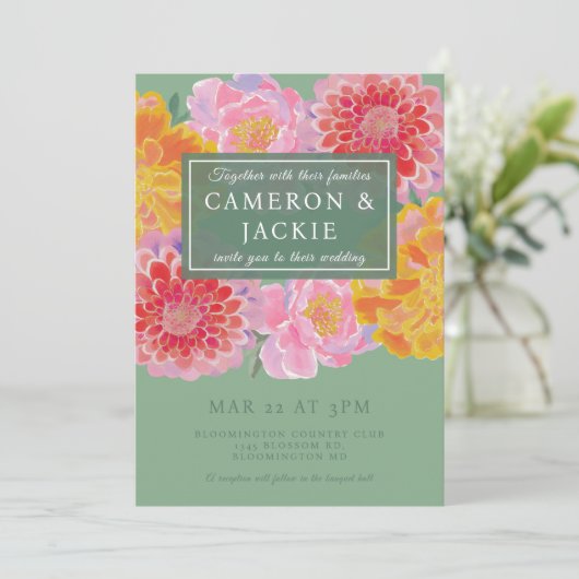 Vibrant Marigold and Zinnia Wedding 招待状 (スタンド正面)