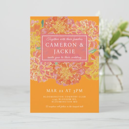 Vibrant Marigold Pink Wedding Invitation 招待状 (スタンド正面)