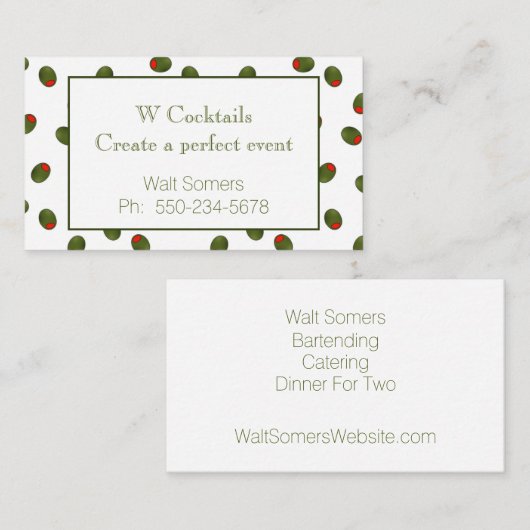 Vibrant Martini Olives Bartender Business Card 名刺 (正面/裏面)