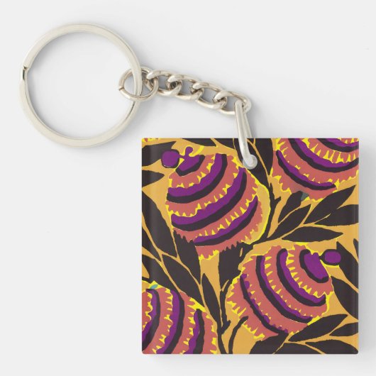 Vibrant Maximalist Purple & Teal Floral Print キーホルダー (正面)