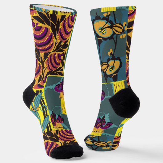 Vibrant Maximalist Purple & Teal Floral Print ソックス (傾斜あり)