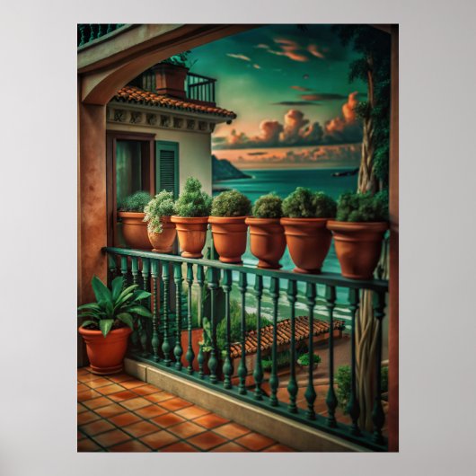 Vibrant Mediterranean Balcony Sea View Art ポスター (正面)