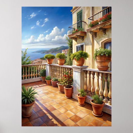 Vibrant Mediterranean Balcony Sea View Art ポスター (正面)