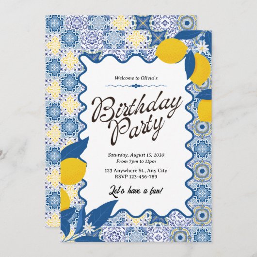 Vibrant Mediterranean Lemon & Blue Birthday 招待状 (正面/裏面)