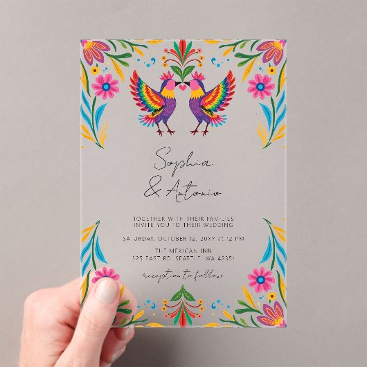 Vibrant Mexican Birds Otomi Floral Fiesta Wedding アクリル招待状 (インサイチュ (ポータブル))