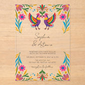 Vibrant Mexican Birds Otomi Floral Fiesta Wedding アクリル招待状 (正面)