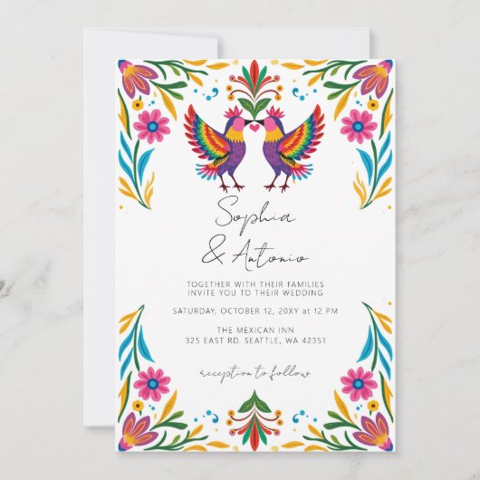 Vibrant Mexican Birds Otomi Floral Fiesta Wedding 招待状 (正面)