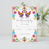 Vibrant Mexican Otomi Birds Floral Fiesta Wedding 出欠カード (スタンド正面)