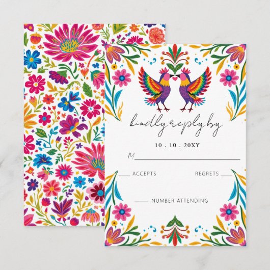 Vibrant Mexican Otomi Birds Floral Fiesta Wedding 出欠カード (正面/裏面)