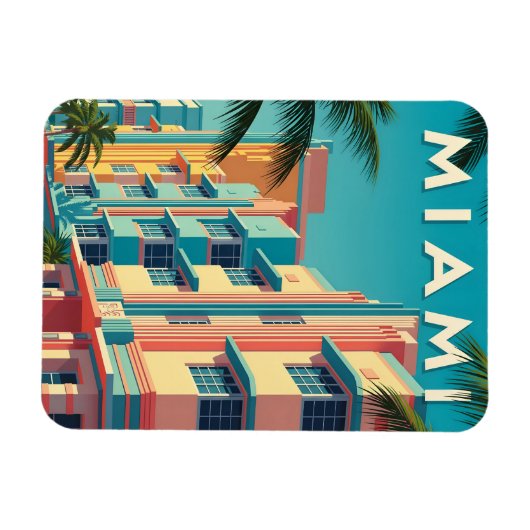 Vibrant Miami buildings with palm trees マグネット (横)