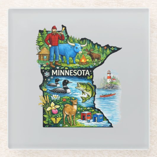 Vibrant Minnesota State Map-Paul Bunyan/Northwoods ガラスコースター (正面)