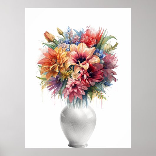 Vibrant Mixed Media Lily Bouquet in Vase Art Poste ポスター (正面)