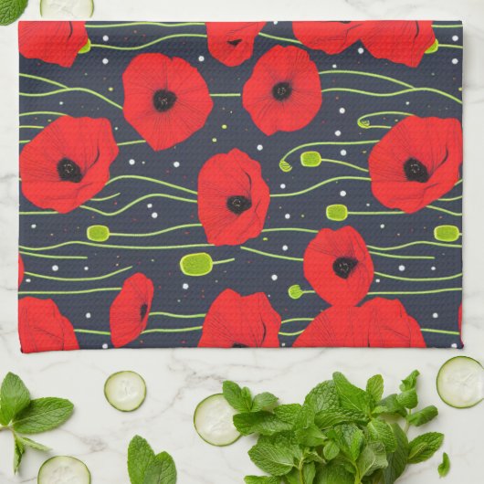 Vibrant Modern Red Poppies Pattern Art キッチンタオル (折り畳み)
