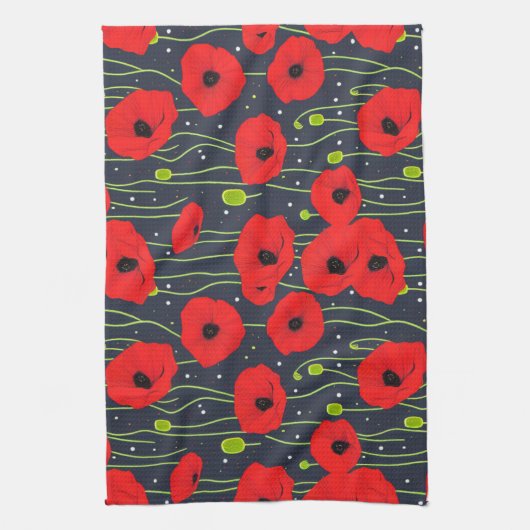 Vibrant Modern Red Poppies Pattern Art キッチンタオル (縦)