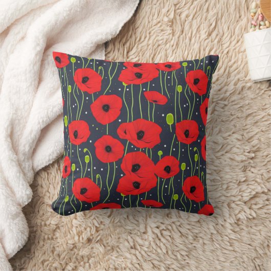 Vibrant Modern Red Poppies Pattern Art クッション (ブランケット)