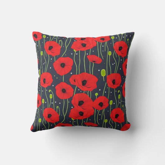 Vibrant Modern Red Poppies Pattern Art クッション (裏面)