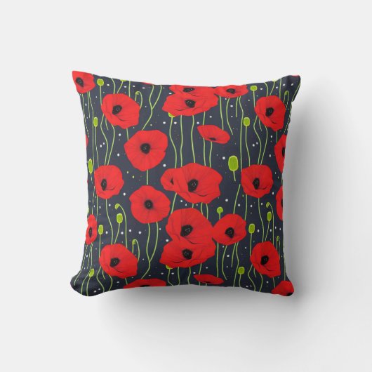 Vibrant Modern Red Poppies Pattern Art クッション (正面)