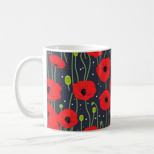 Vibrant Modern Red Poppies Pattern Art コーヒーマグカップ (左)