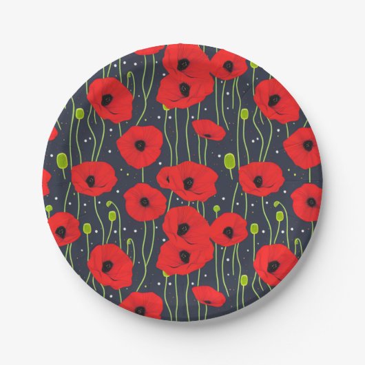 Vibrant Modern Red Poppies Pattern Art ペーパープレート (正面)