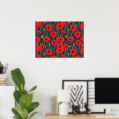 Vibrant Modern Red Poppies Pattern Art ポスター (ホームオフィス)