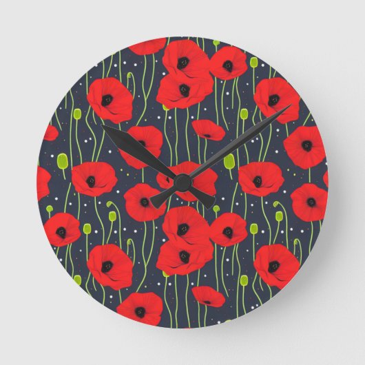 Vibrant Modern Red Poppies Pattern Art ラウンド壁時計 (正面)
