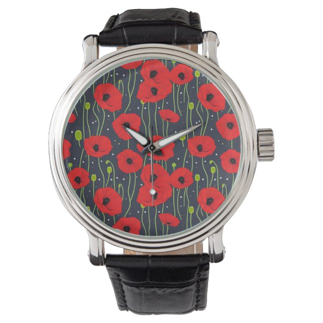 Vibrant Modern Red Poppies Pattern Art 腕時計 (正面)