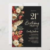 Vibrant Moody Floral Black 21st Birthday Party 招待状 (正面)