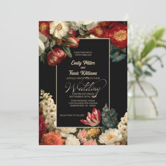 Vibrant Moody Floral Black Wedding 招待状 (スタンド正面)