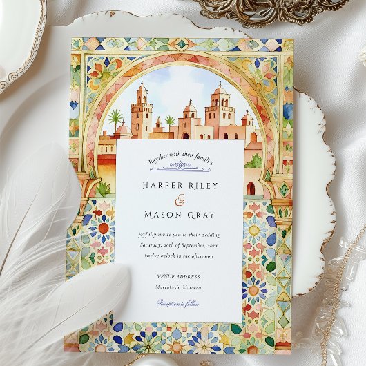 Vibrant Moroccan Tile & Marrakesh Arch Wedding 招待状