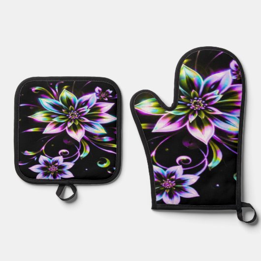 Vibrant Multicolor Hibiscus Floral Accessor 鍋つかみ&鍋敷きセット (正面)