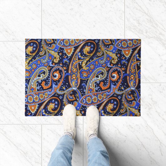 Vibrant Navy & Orange Bohemian Paisley Pattern ドアマット (室内)
