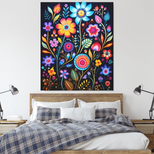 Vibrant Neon Floral Black Background Wood Plaque キャンバスプリント (インサイチュ (寝室))