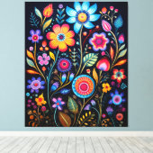 Vibrant Neon Floral Black Background Wood Plaque キャンバスプリント (インサイチュ (ウッドフロア))