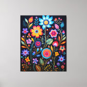 Vibrant Neon Floral Black Background Wood Plaque キャンバスプリント (正面)