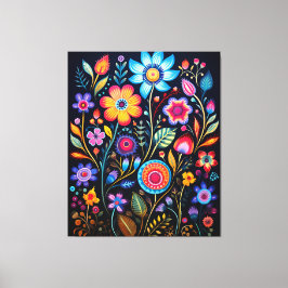 Vibrant Neon Floral Black Background Wood Plaque キャンバスプリント