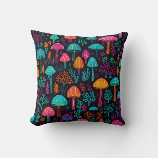 Vibrant Neon Mushroom Magic: Unique Patterns  クッション (正面)