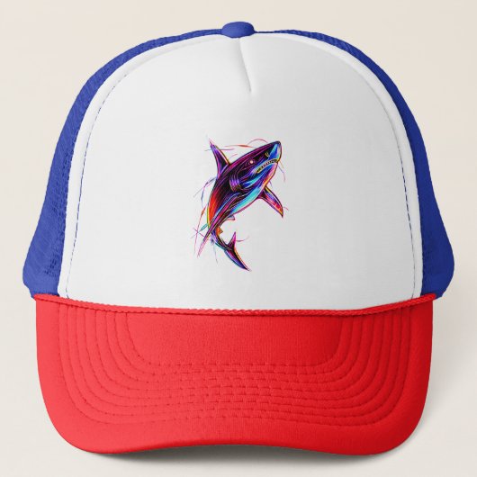 Vibrant Neon Shark Modern Digital Ocean キャップ (正面)