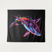 Vibrant Neon Shark Modern Digital Ocean タペストリー (正面(横))