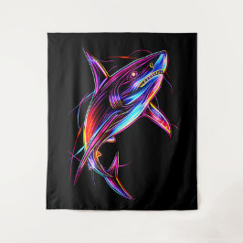 Vibrant Neon Shark Modern Digital Ocean タペストリー