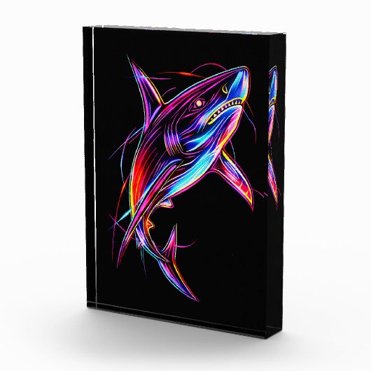 Vibrant Neon Shark Modern Digital Ocean フォトブロック (右)