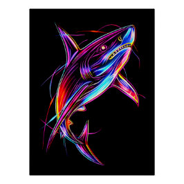 Vibrant Neon Shark Modern Digital Ocean ポスター