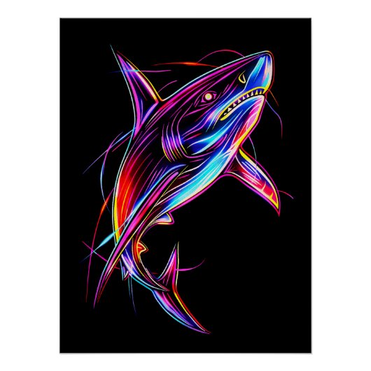 Vibrant Neon Shark Modern Digital Ocean ポスター (正面)