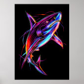 Vibrant Neon Shark Modern Digital Ocean ポスター (正面)