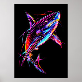 Vibrant Neon Shark Modern Digital Ocean ポスター