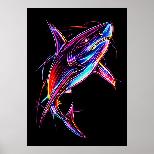 Vibrant Neon Shark Modern Digital Ocean ポスター (正面)