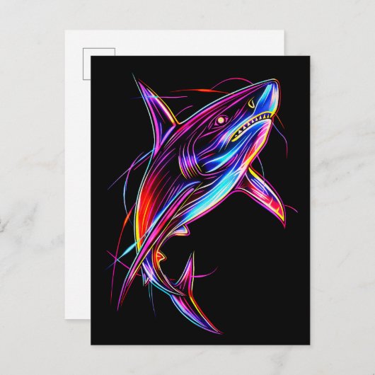 Vibrant Neon Shark Modern Digital Ocean ポストカード (正面/裏面)