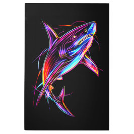 Vibrant Neon Shark Modern Digital Ocean メタルプリント