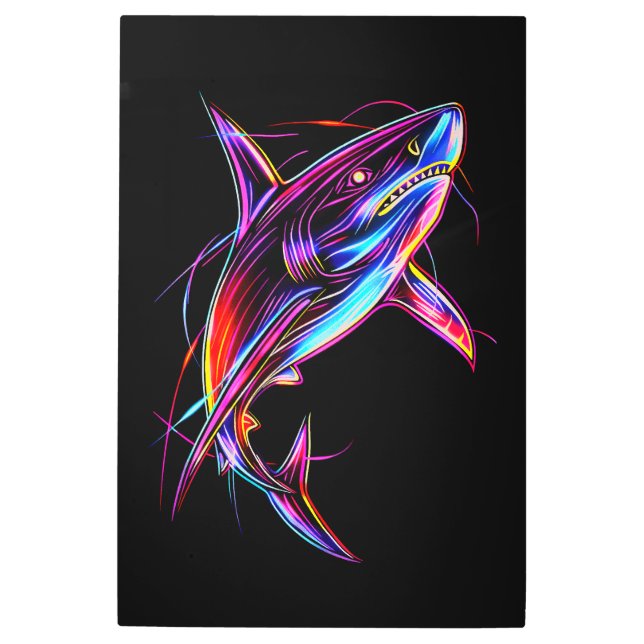 Vibrant Neon Shark Modern Digital Ocean メタルプリント (正面)